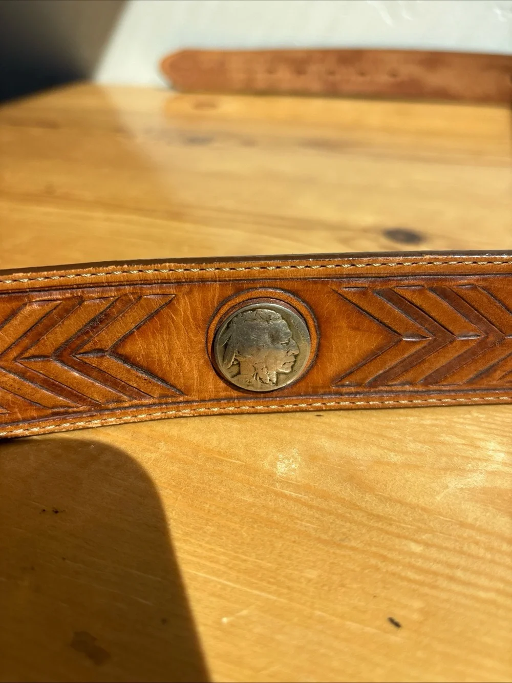 Vintage Leegin Leather Belt Mens Brown Tooled Buffalo Nickel Western Sz 40